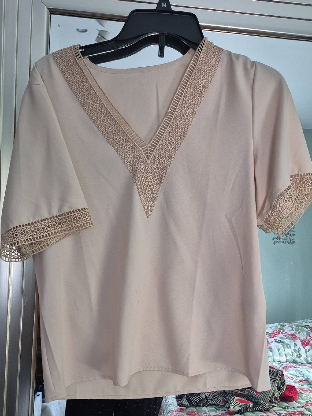 Women’s Lace-Trim V-Neck Blouse - Beige